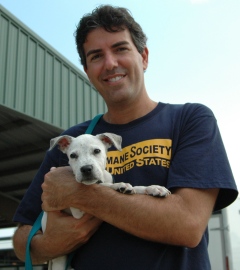 Wayne Pacelle with a white dog after Hurricane Katrina