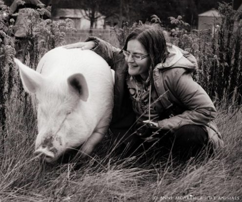 In 2010, Anita Krajnc co-founded Toronto Pig Save, a group dedicated to bearing witness to animals in the last minutes of their lives and, when possible, offering a final act of mercy by providing them with water. Inspired by Krajnc, dozens of Save groups have been founded worldwide in recent years. Above, Krajnc with Esther the Wonder Pig. 
